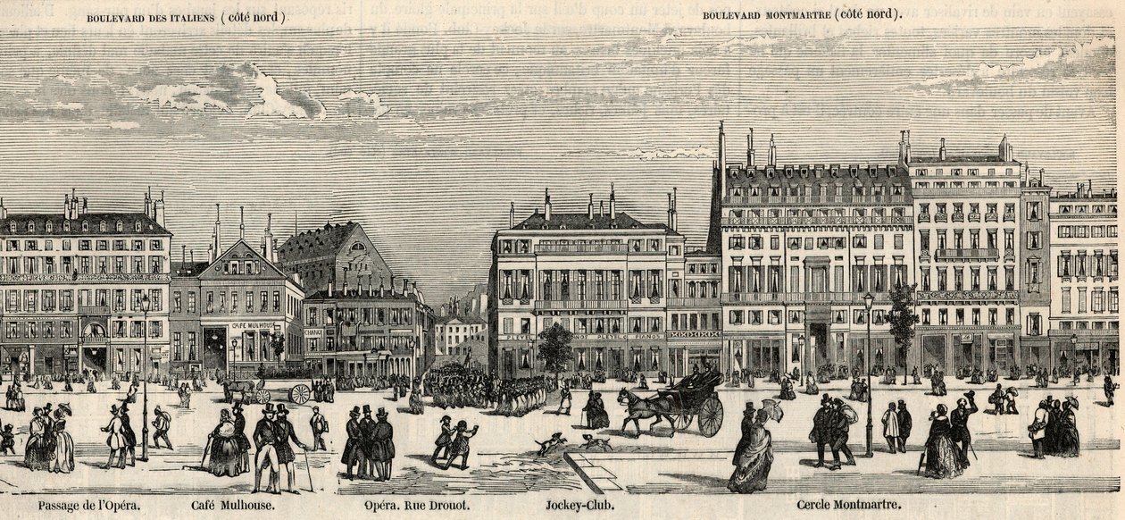 Boulevard des Italiens ve bulvar Montmartre - Cafe Mulhouse - Cercle Montmartre - Jokey kulübü - Edmond Texier 1852 tarafından “Tableau-de-Paris” gravürü - by French School