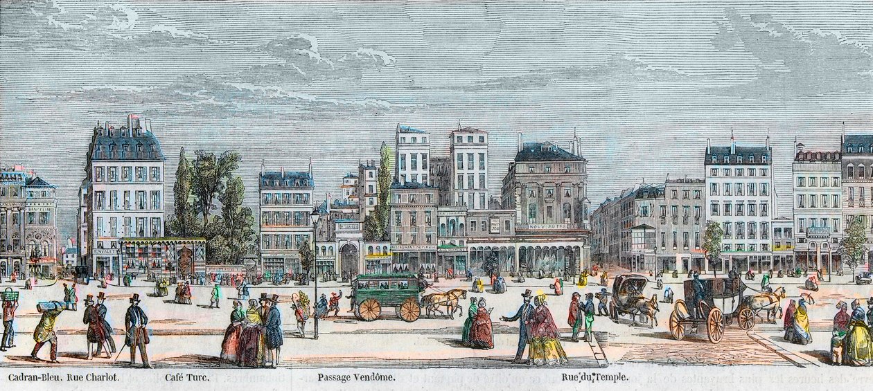 Boulevard du Temple güney tarafı - Rue Charlot - Cafe Turk - Passage Vendome - Rue du Temple - Edmond Texier tarafından “Tableau-de-Paris” gravürü 1852 by French School