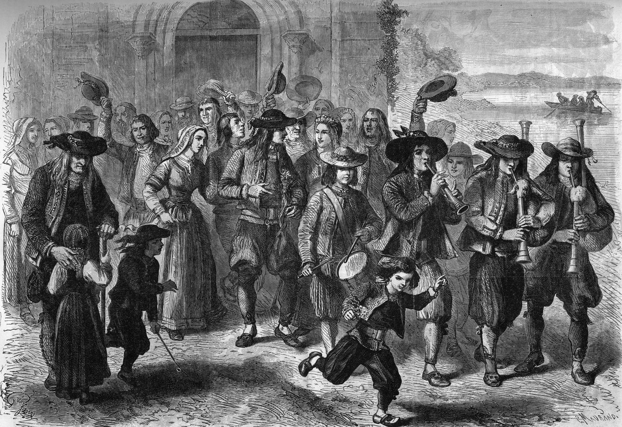 Breton geleneği: Kilisenin çıkışında birkaç genç evlilik. Kortejin en tepesinde biniou ve davulcular var. Treguennec, Finistere (29) by French School