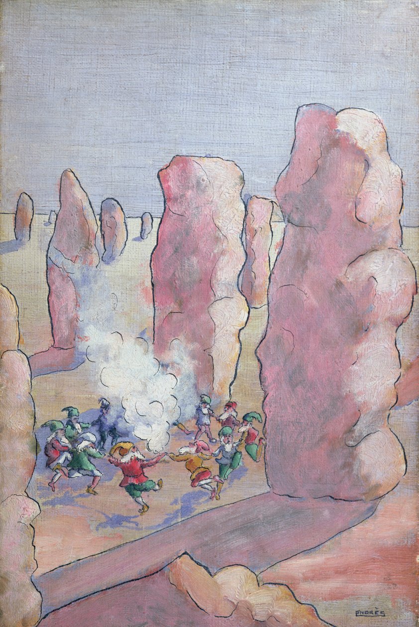 19. yüzyılın sonlarında taş bir dairenin etrafında dans eden Breton cüceleri by French School