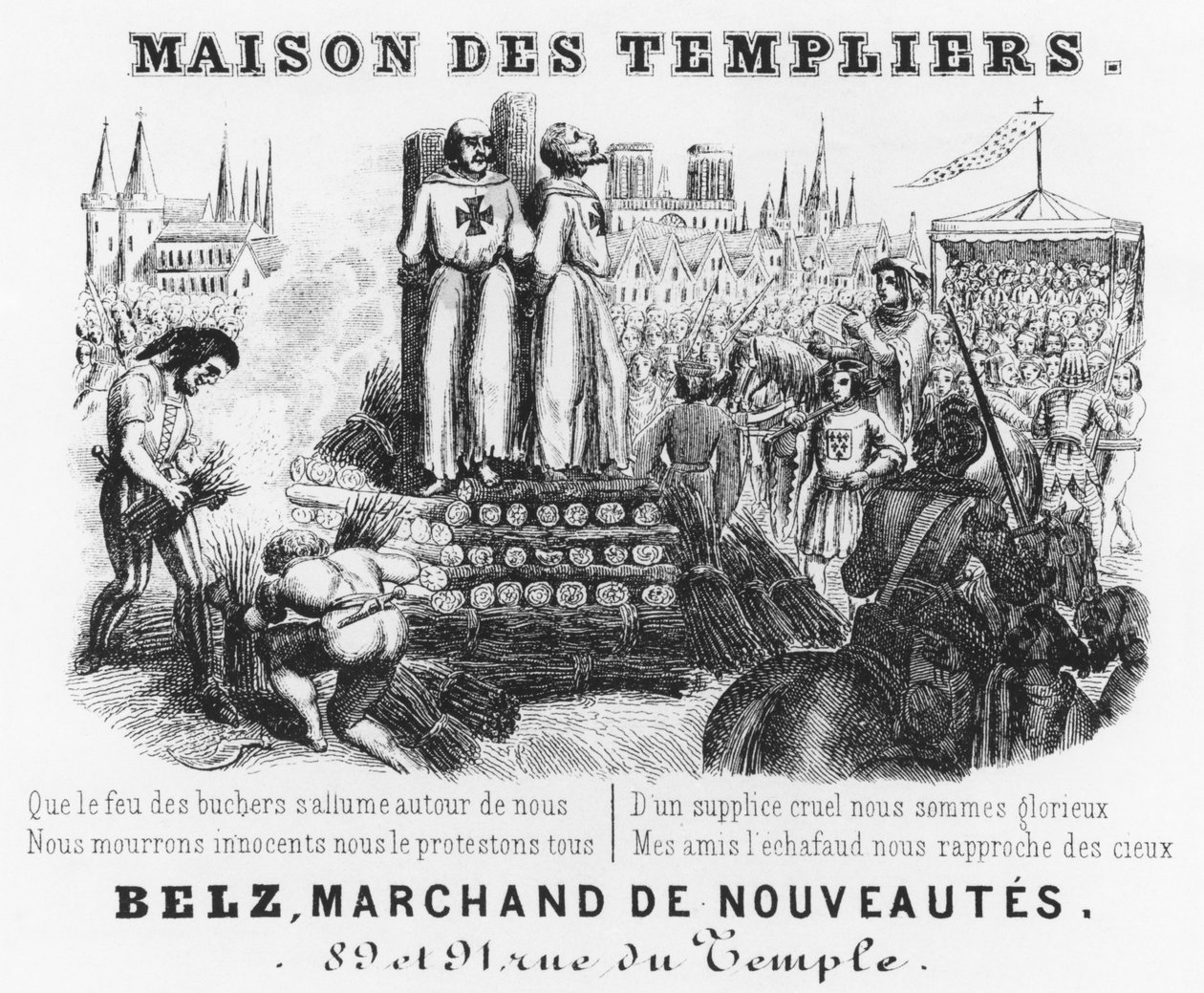Tapınakçıların Yakılması, bir kumaşçı dükkanının fatura başlığı, Maison des Templiers, Belz, rue du Temple, Paris, c.1840 by French School