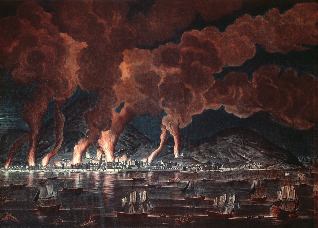Cap-Francais kasabasının yakılması, Saint-Domingue (Haiti), 1795 (renkli gravür) by French School