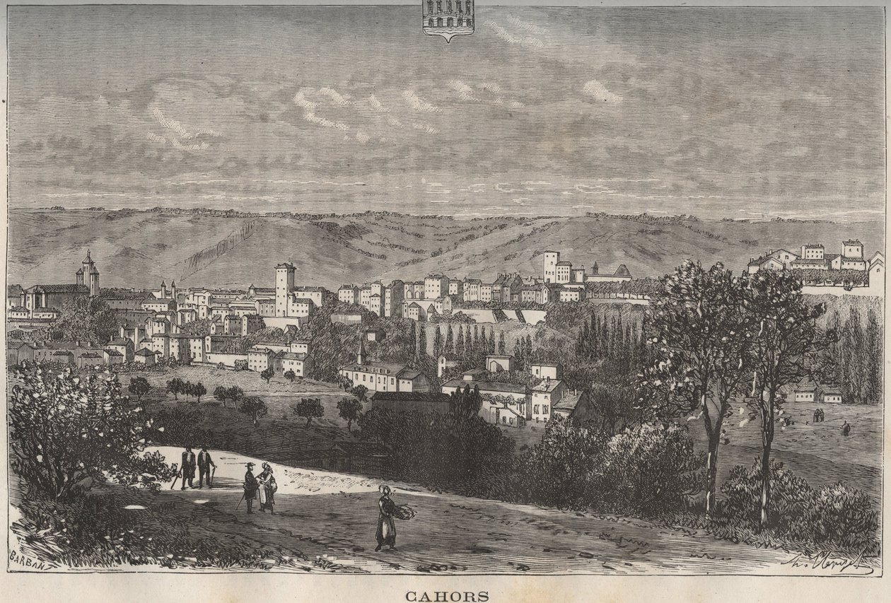 Cahors - Lot - Midi-Pyrenees - V.A. Malt-Brown tarafından “La France illustrée: coğrafya, tarih, istatistiksel yönetim” de gravür. 1884 by French School
