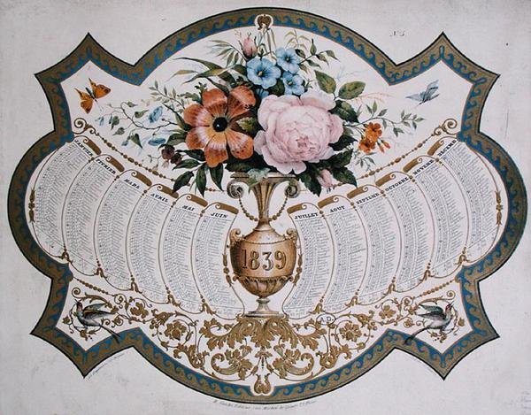 1839 takvimi, Godefroy Engelmann (1788-1839) tarafından kazınmış, c.1838 (renkli taş) by French School