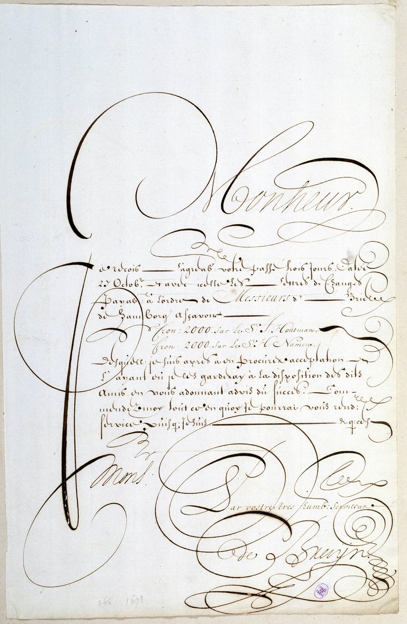 Kaligrafi: Francois de Bruyn tarafından 1678 civarında kaligrafi ile yazılmış hesap mektubu. by French School