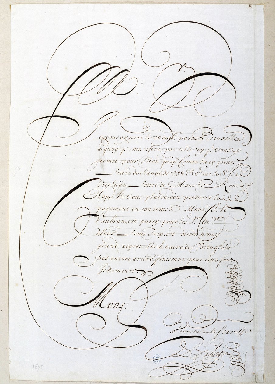 Kaligrafi: Francois de Bruyn tarafından 1678 civarında kaligrafi ile yazılmış hesap mektubu. Paris Şehri Tarihi Kütüphanesi by French School