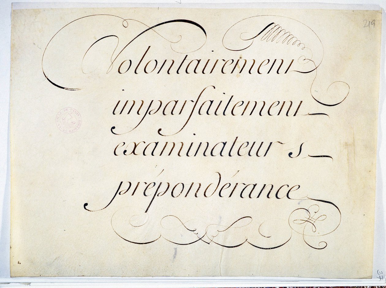 Kaligrafi: Andre Francois Roland tarafından 1670 civarında el yazması parça. “kasıtlı olarak, kusurlu olarak, denetçiler, baskınlık””. by French School