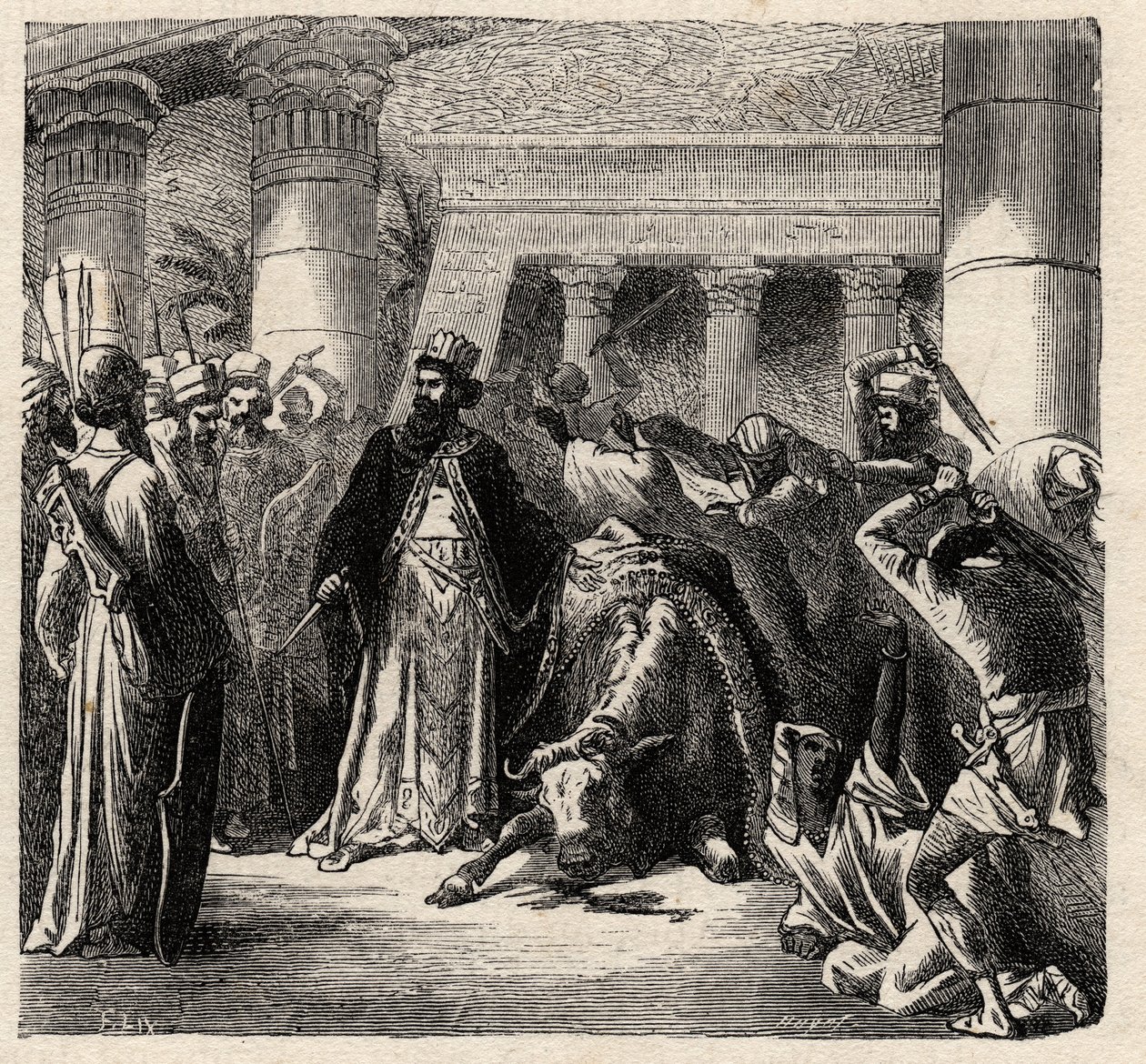 Ahameniş Perslerinin hükümdarı II. Cambyses, Mısırlıların Kutsal Boğası Apis'i Öldürüyor - Cambyses veya Cambyse II (MÖ 530-522), Arthur Mangin'in "" L'homme et la bete" adlı gravürü - 1872 - by French School
