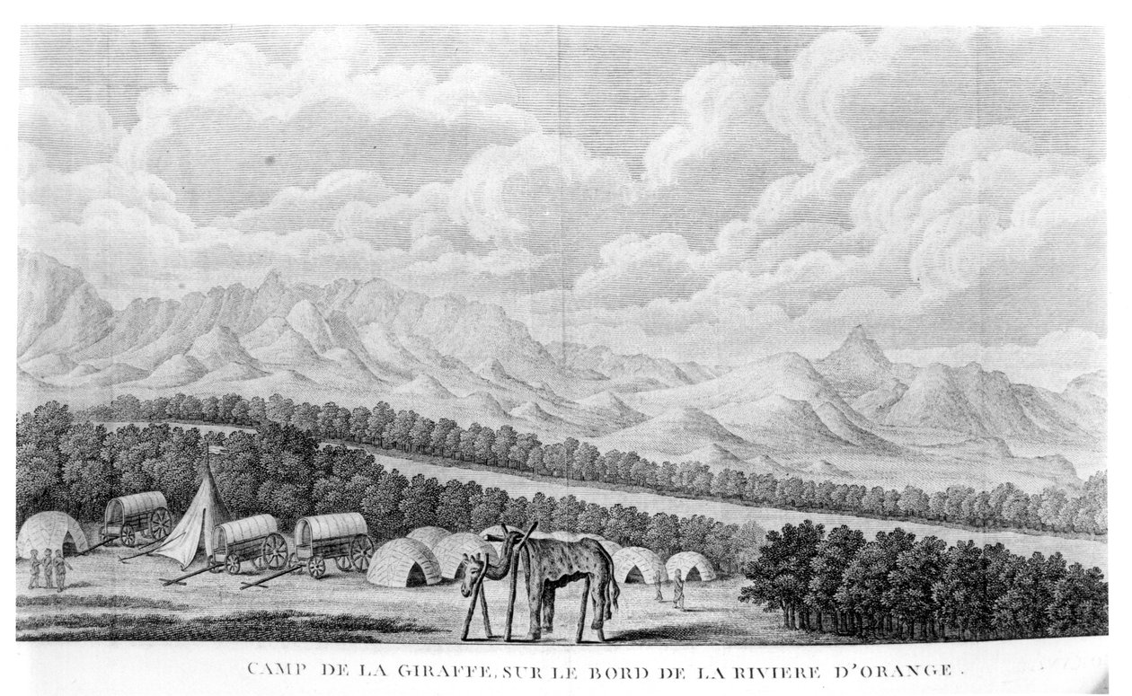 Orange Nehri kıyısındaki Zürafa Kampı, Francois Le Vaillant (1753-1824) tarafından 1796