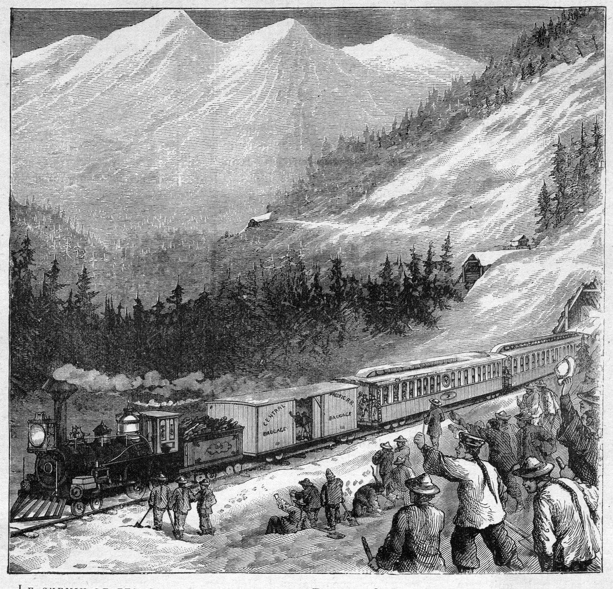 1888'de Kanada Pasifik Demiryolu - Kanada Pasifik Demiryolu - Sierra Nevada'da Bir Trenin Geçidi - “” Journal des Voyages” da Gravür 1888 by French School