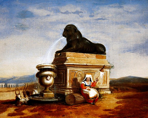 Romalı Capriccio, dönen bir İtalyan köylü kadınla birlikte, 1825 dolayları (gemide yağ) by French School