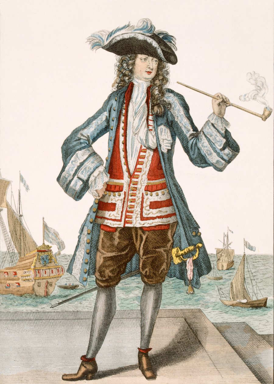 Dunkerque Kaptanı Jean Bart 88: Filonun kaptanı Le Capitaine Jean Baert de Dunquerque, rıhtımda uzun bir pipo içiyor; Jean Bart (1651-1702), Flaman denizci by French School