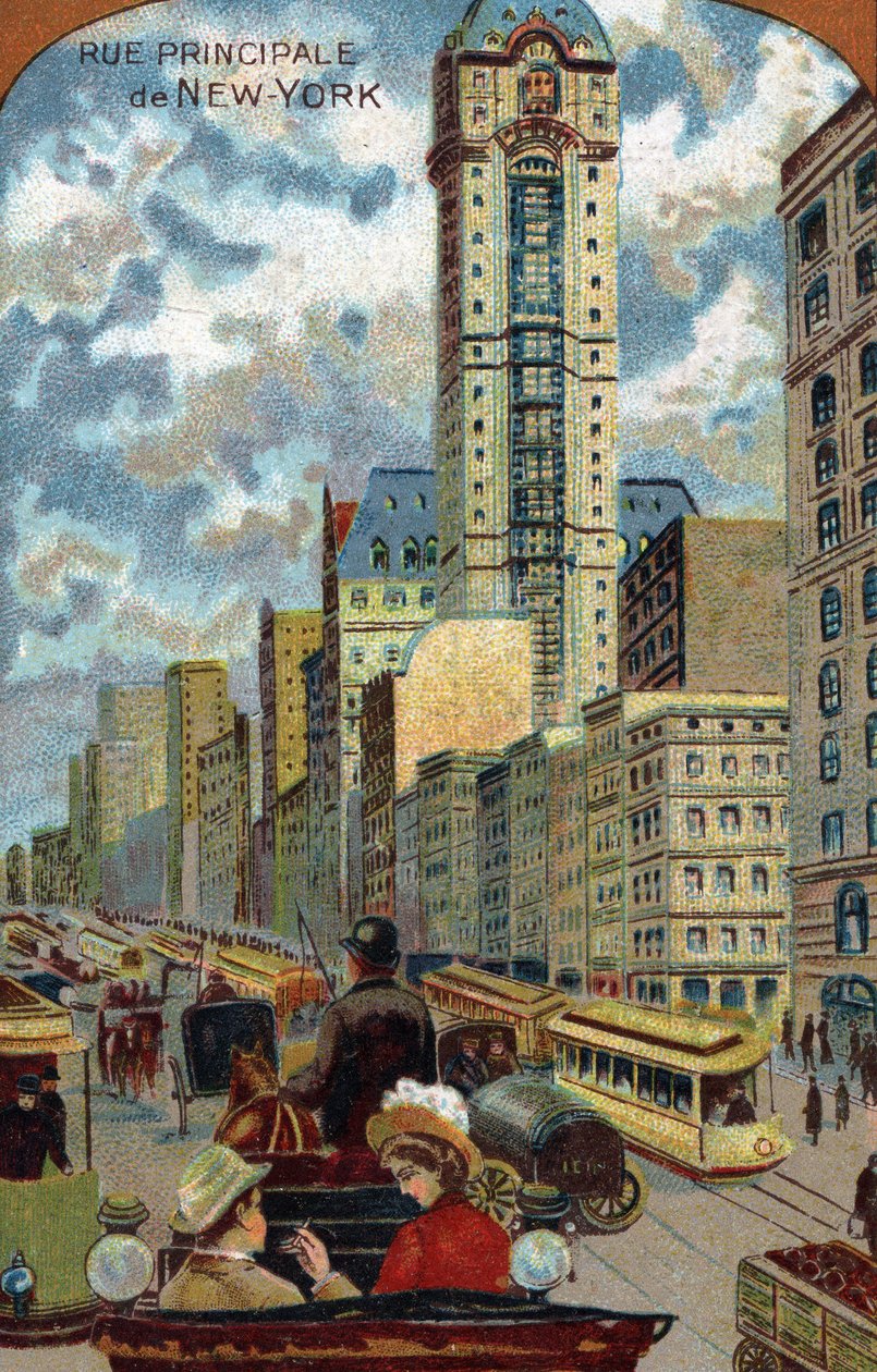 Broadway'de Araba Trafiği, Main Street of New York (New York) (Broadway Avenue, Manhattan'da trafik sıkışıklığı) 19. yüzyıl Kromolitografi Özel Koleksiyonu by French School