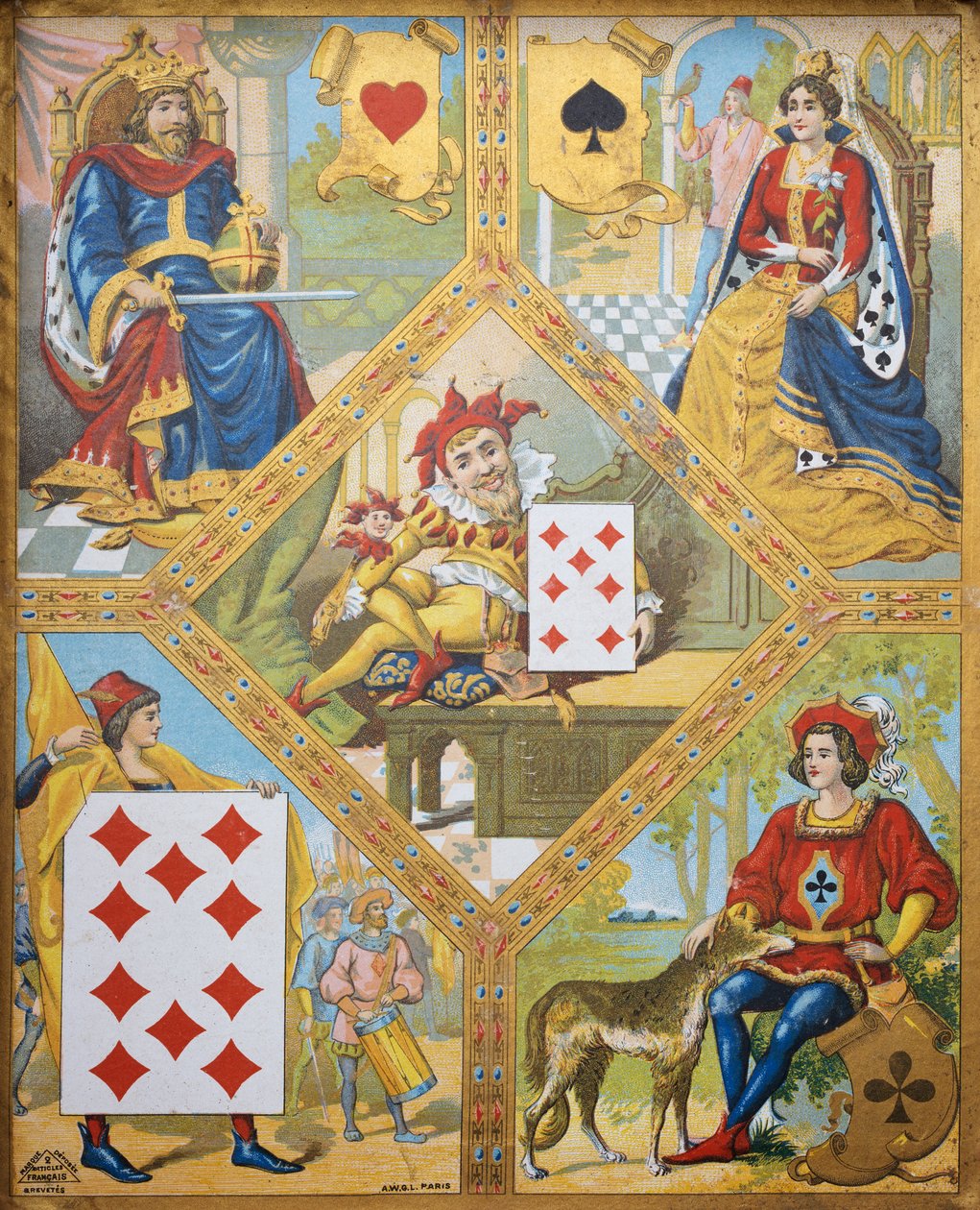 Kart oyunu, kupa kralı, maça kraliçesi, elmas on ve kulüp Jack, merkezde yedi elmas ile cüce Lindoro, Fransa by French School