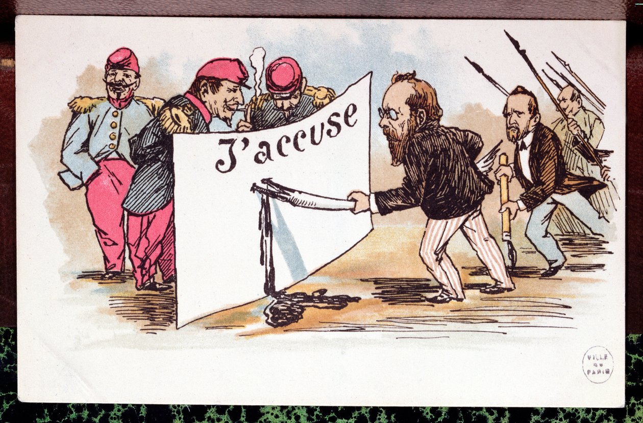 JAccuse'un karikatürü, Emile Zola (1840-1902) tarafından Alfred Dreyfus'u savunmak için yazılmış makale, 1898 by French School