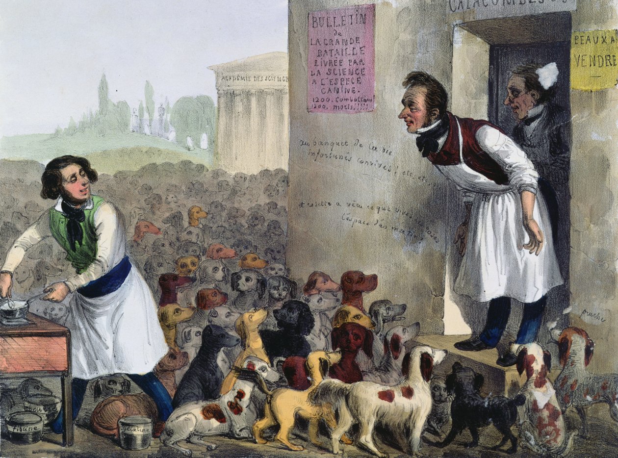 Parislilerin kuduz köpeklerle uğraşan karikatürü, 1840 dolayları by French School