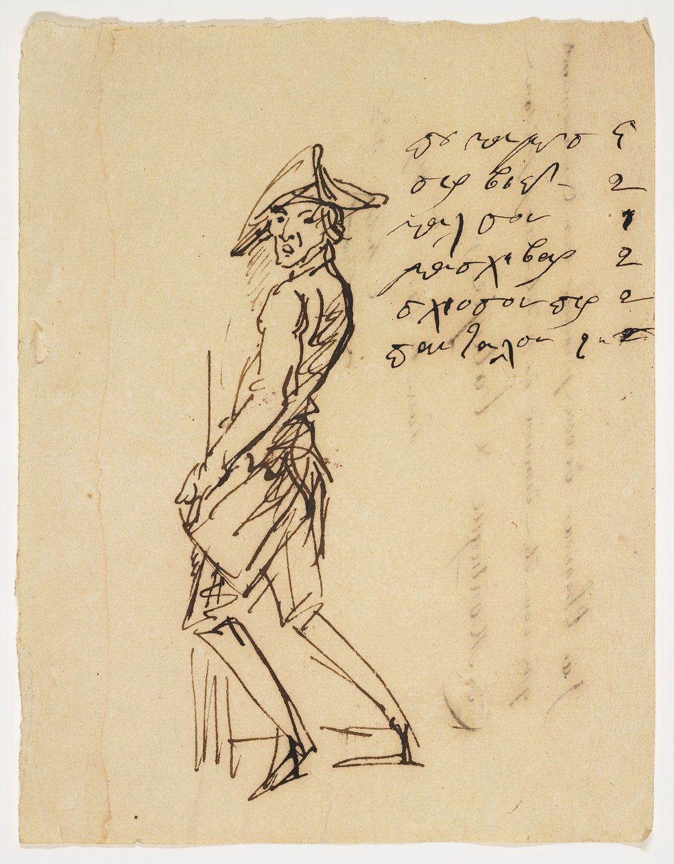 Genç Bir Askerin Karikatürü, 1809 (kağıt üzerine kalem ve kahverengi mürekkep) by French School