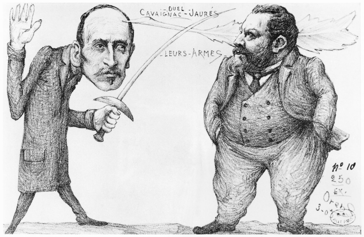 Savaş Bakanı Godefroy Cavaignac (1801-45), Jean Jaures (1859-1914) ile sosyalist lider ve pasifist arasındaki düellonun karikatürü, 1898 by French School