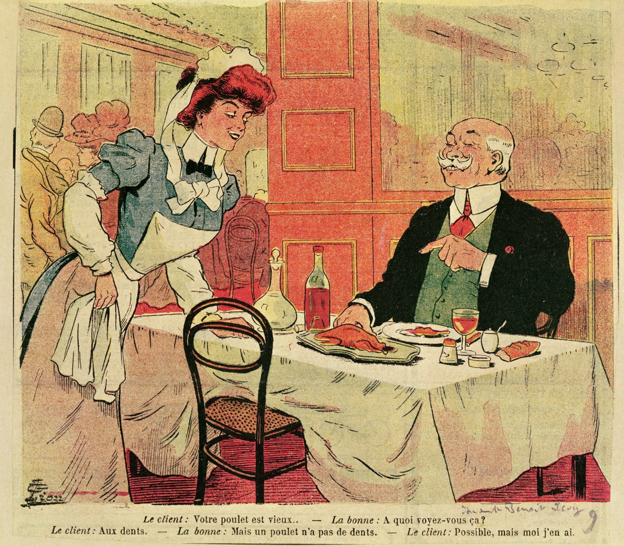 Bir restoranda müşteri ve garsonun karikatürü, c.1905 by French School