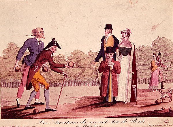 Kase oyununun karikatürü (Le Jeu de Boules), on dokuzuncu yüzyılın başları (renkli taş) by French School