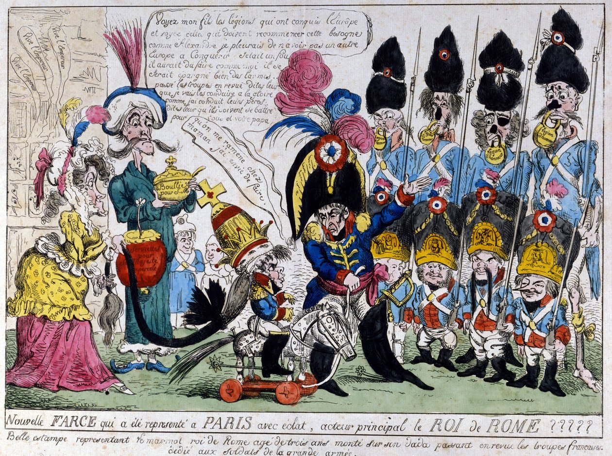 Napolyon I (1769 - 1821) ve oğlu Roma Kralı (1811 - 1832) hakkında karikatür: İkincisi, sallanan atında babasıyla birlikte Fransız ordusunun birliklerini inceler. 19. yüzyıl Fransız baskısı. by French School