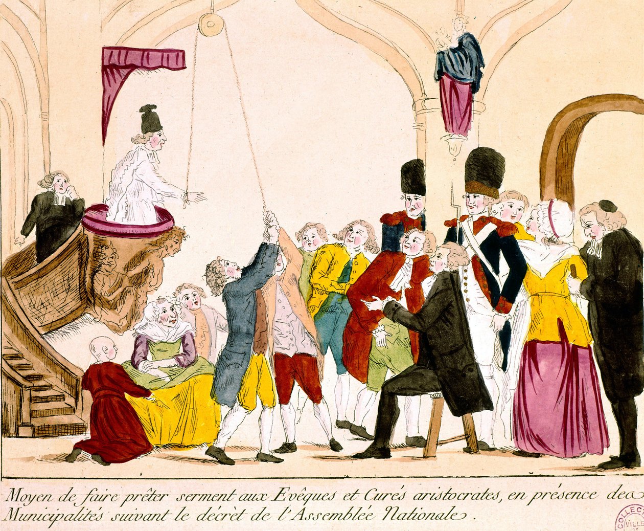 Fransız Aristokratlarını ve Cumhuriyete Bağlılık Yemini Eden Din Adamlarını tasvir eden karikatür (renkli gravür) by French School