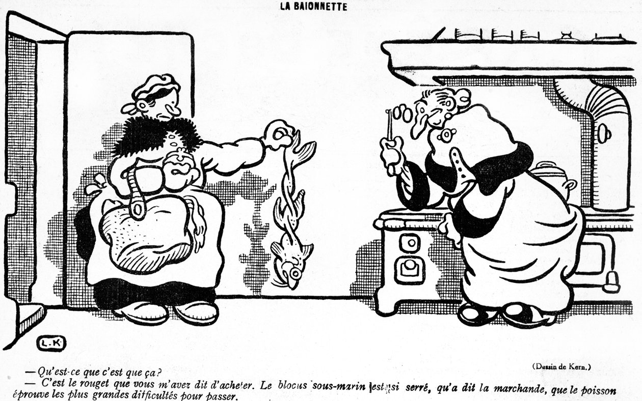 29 Mart 1917, La Baionette dergisinin April Fools Day (Poisson dAvril) sayısından, Fransız pazarından satın alınan bir balık üzerindeki denizaltı ablukasının feci etkisini gösteren karikatür by French School