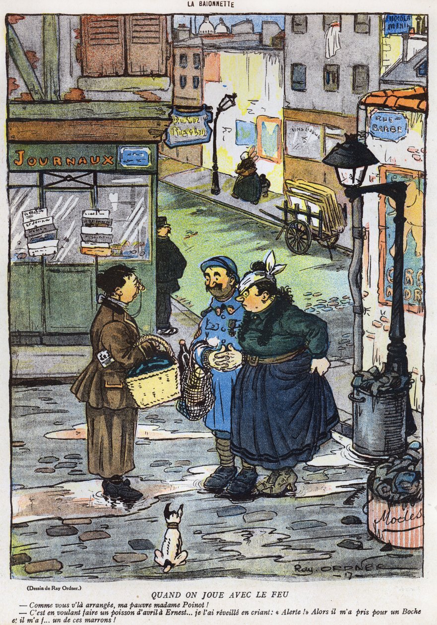 29 Mart 1917, La Baionette dergisinin Nisan Bir Şakası (Poisson dAvril) sayısından, bir kadının kocasına oyun oynamaya çalışmasının sonucunu gösteren karikatür by French School