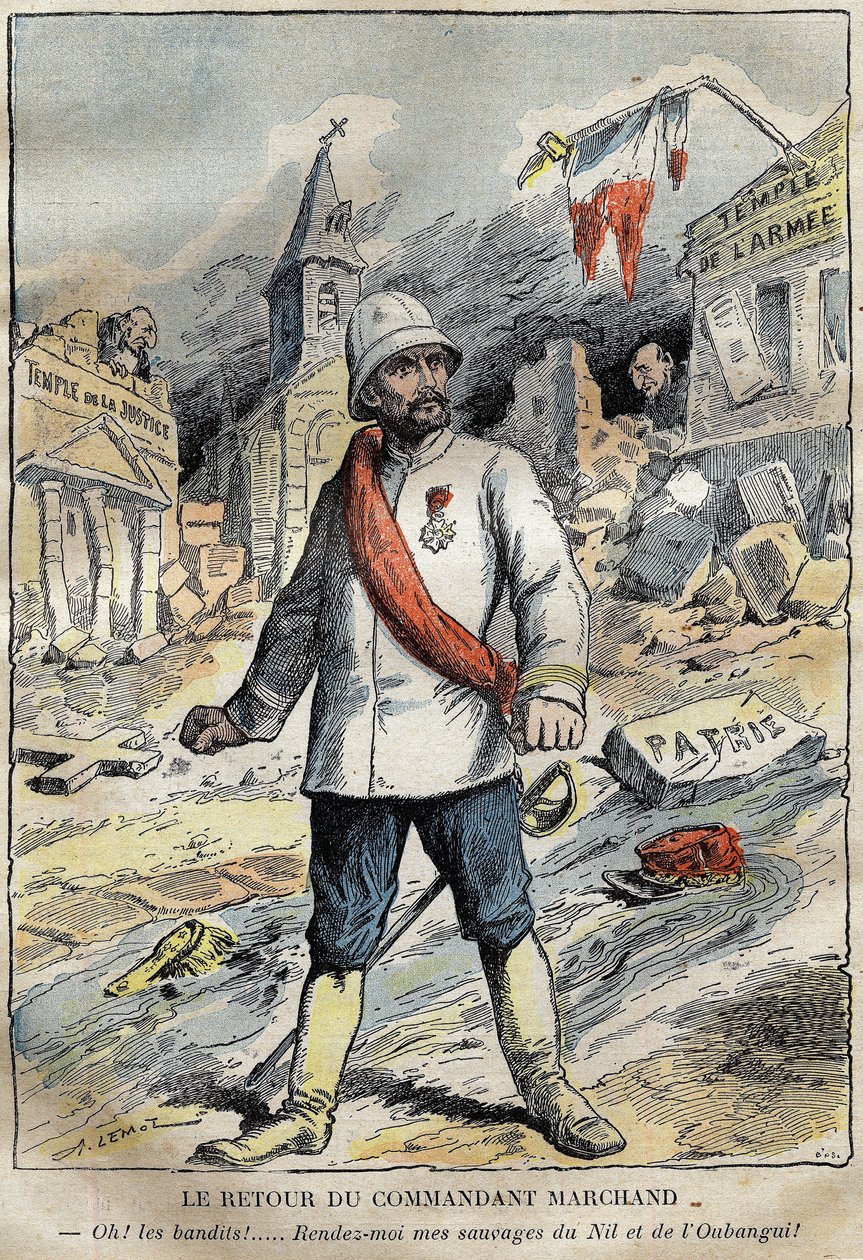 Komutan Jean-Baptiste (Jean Baptiste) Marchand (1863-1934), Toulon'da, Afrika'daki bir keşif görevinden (1896-1899) dönen karikatür. “” Le Pelerin”de gravür” 4/06/1899. by French School
