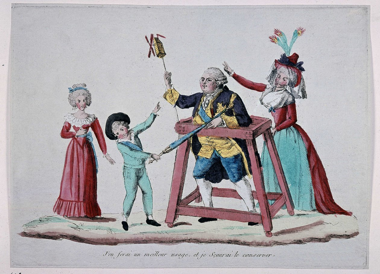 1790 dolaylarında Fransız Devrimi sırasında kraliyet ailesi (Louis XVI ve Marie Antoinette çocuklarıyla birlikte) üzerine karikatür - Musee Carnavalet by French School