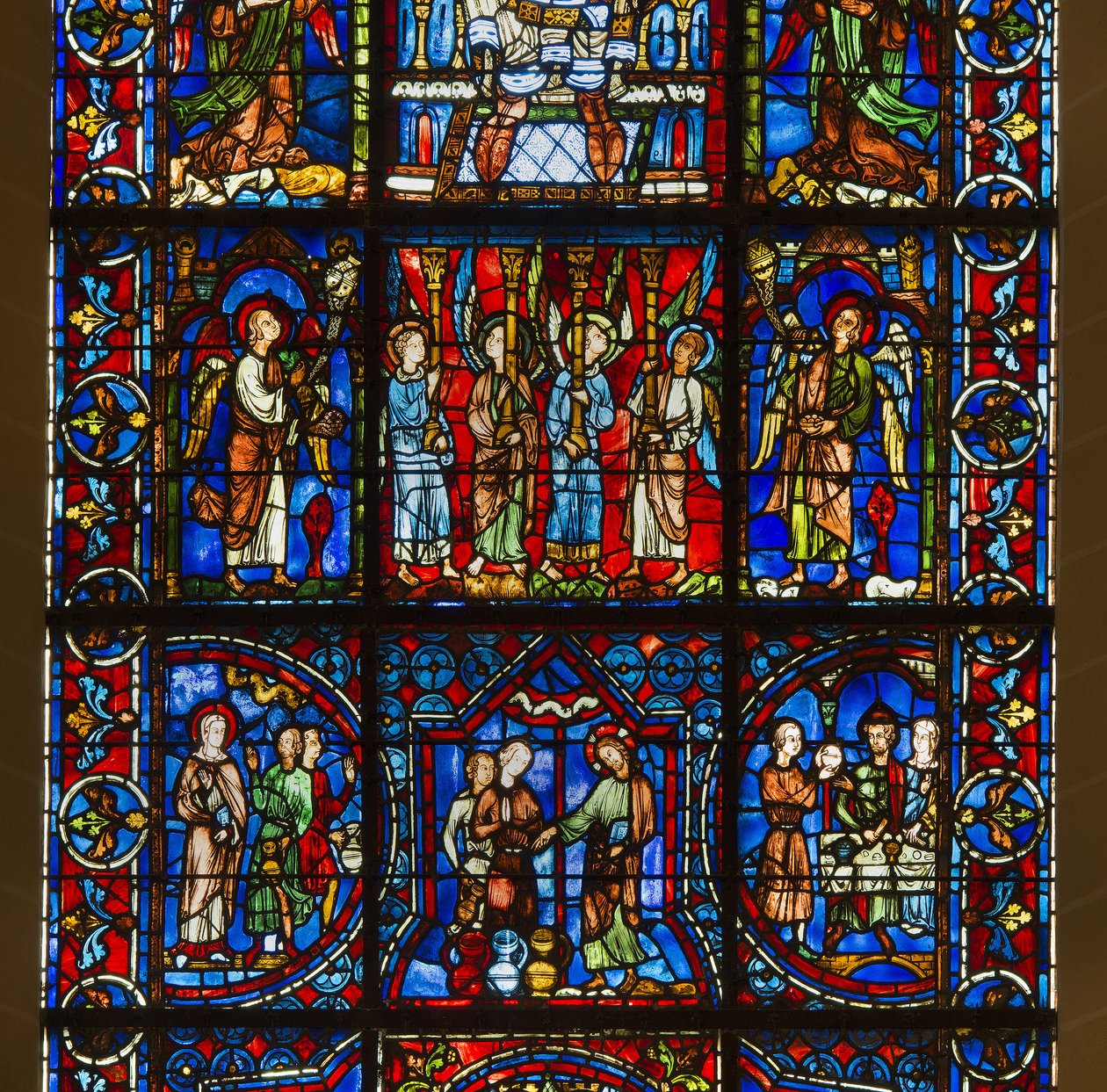 Katedral de chartres, vitray: güzel camın hanımefendisi, mesih detay merkezinin kamusal yaşamının altında by French School