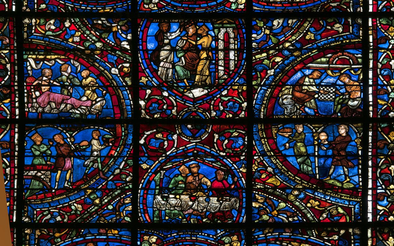 Chartres Katedrali, vitray: müsrif oğul detayının meseli by French School