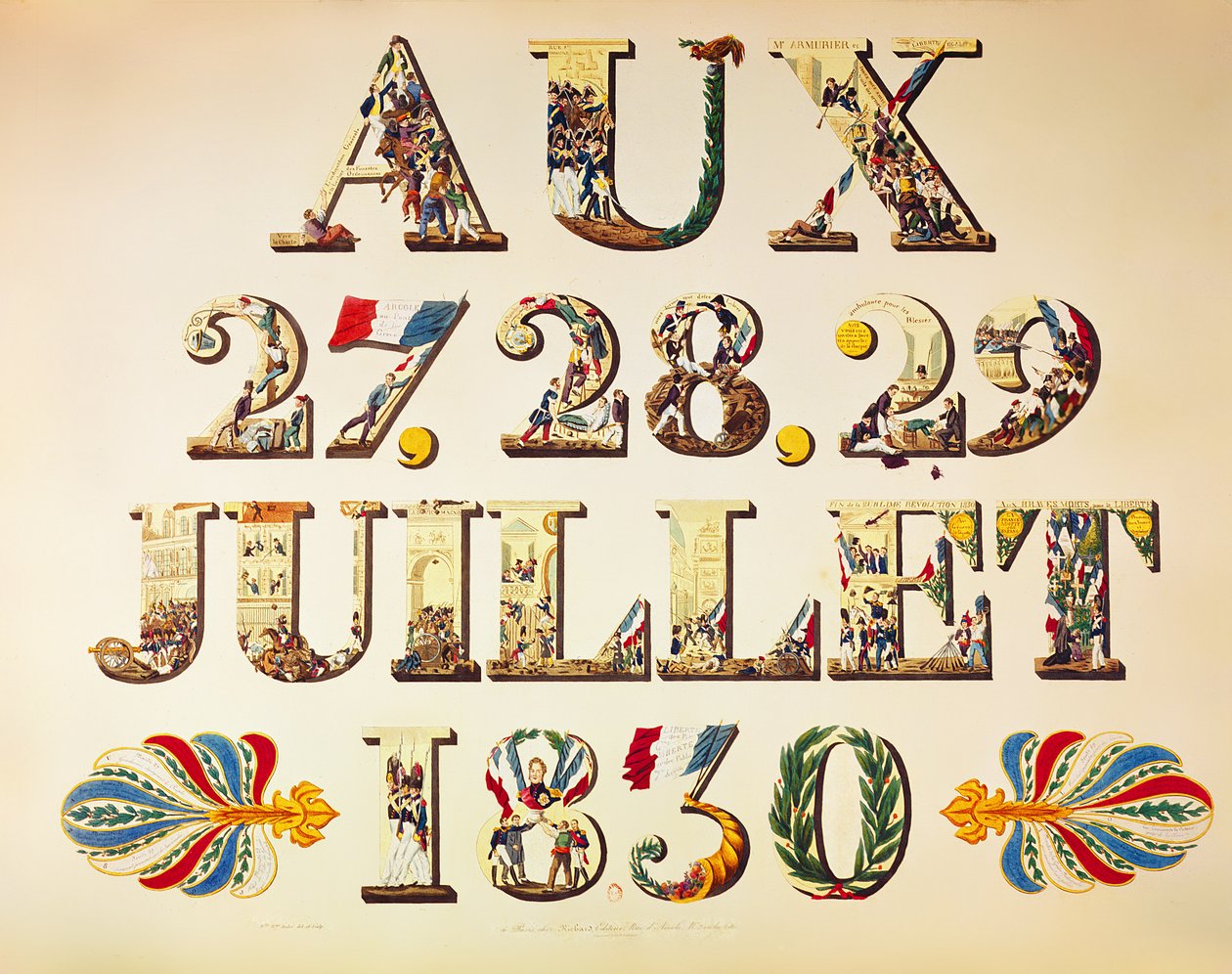 Üç Şanlı Gün Kutlaması, 27, 28 ve 29 Temmuz 1830 (renkli gravür) by French School