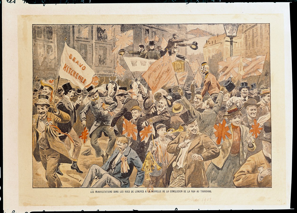 Transvaal'da barışın sona erdiği haberinin ardından Londra sokaklarında kutlamalar, Mayıs 1902 (basılı) by French School
