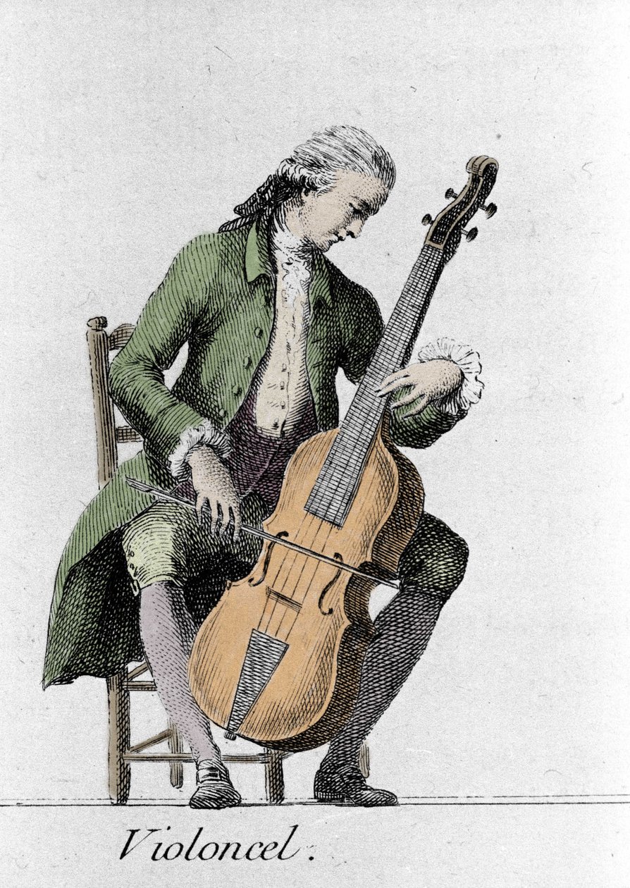 Çello çalar/Çello. 18. yüzyılın sonundan gravür. by French School