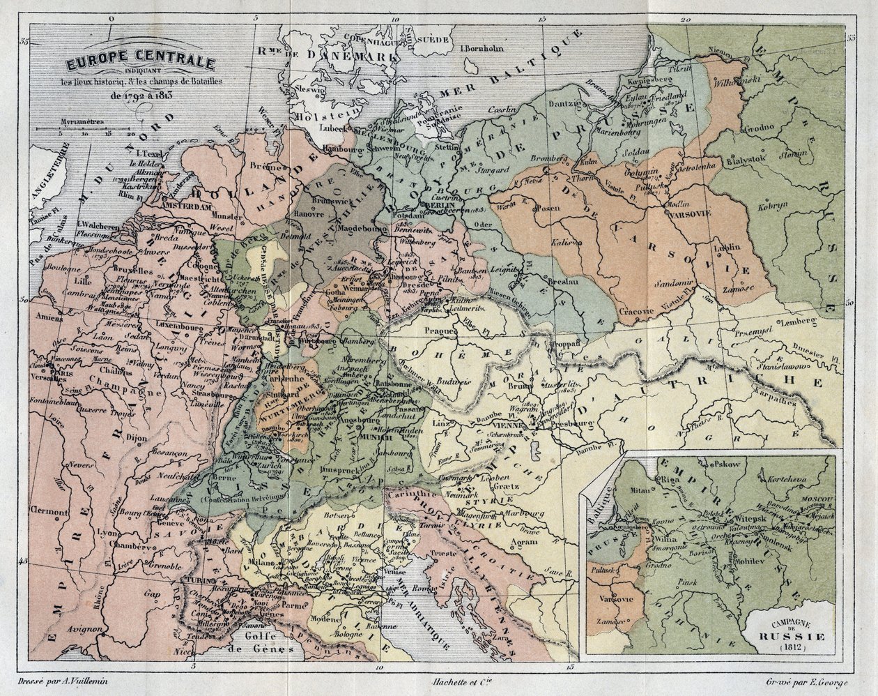 1792-1813'ün tarihi yerlerini ve savaş alanlarını gösteren Orta Avrupa - 1792'den 1813'e kadar olan tarihi yerleri ve savaş alanlarını gösteren Orta Avrupa - Victor Duruy (1811-1894) - 1882'ye ait “Histoire de France”da gravür by French School