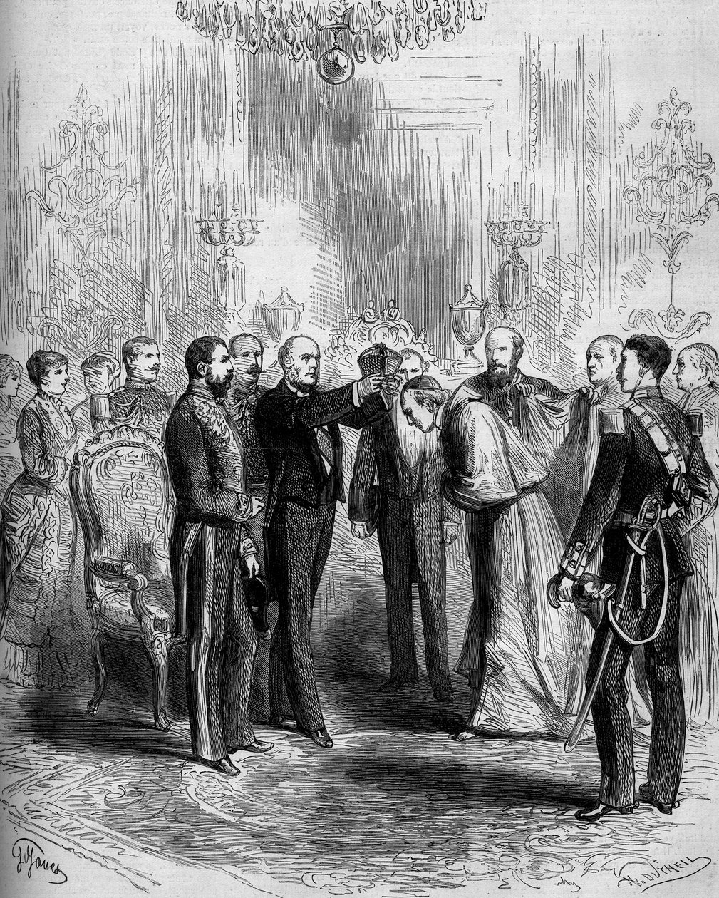 Kardinalatın ambleminin takdim töreni: Pier Francesco Meglia (1810-1883) kardinalin kırmızı ceketini alırken Jules Grevy (1807-1891) kardinallik baretini başına yerleştirdi. Paris, Palais de l
