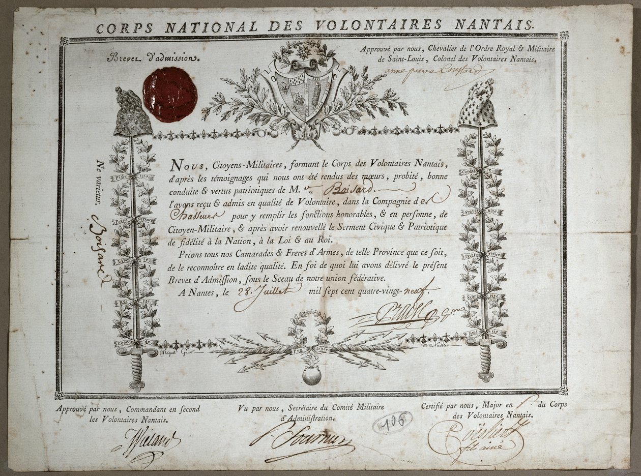 Nantes Ulusal Gönüllüler Muhafızlarına Kabul Belgesi, 1789 by French School