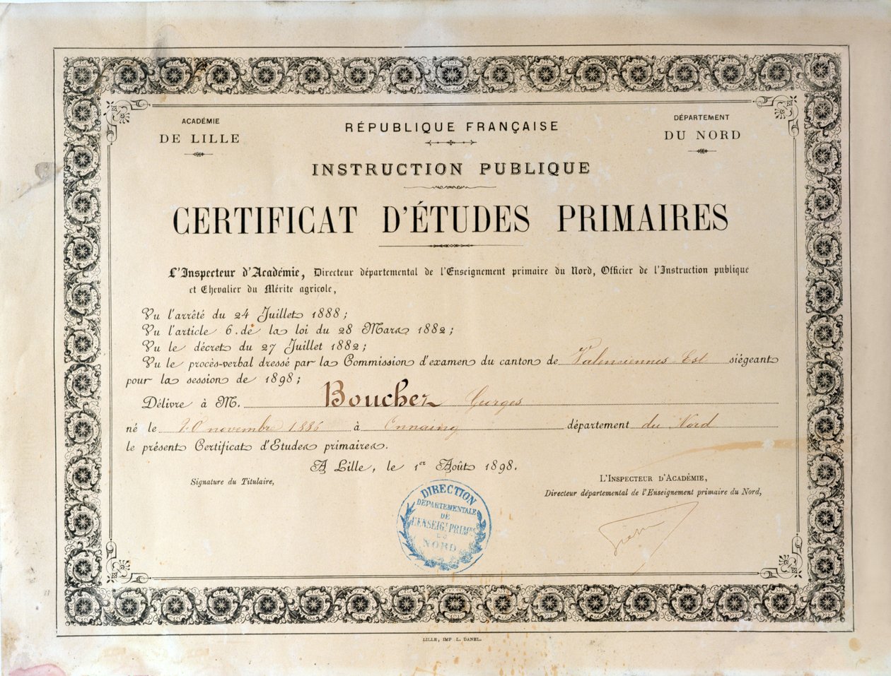 İlköğretim Sertifikası, Academie de Lille, 1898 (kağıt üzerine mürekkep) by French School