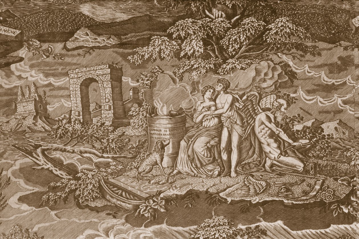 Fransızca yazıtlı sandalye kılıfı, c.1811 (rulo baskılı pamuk) by French School