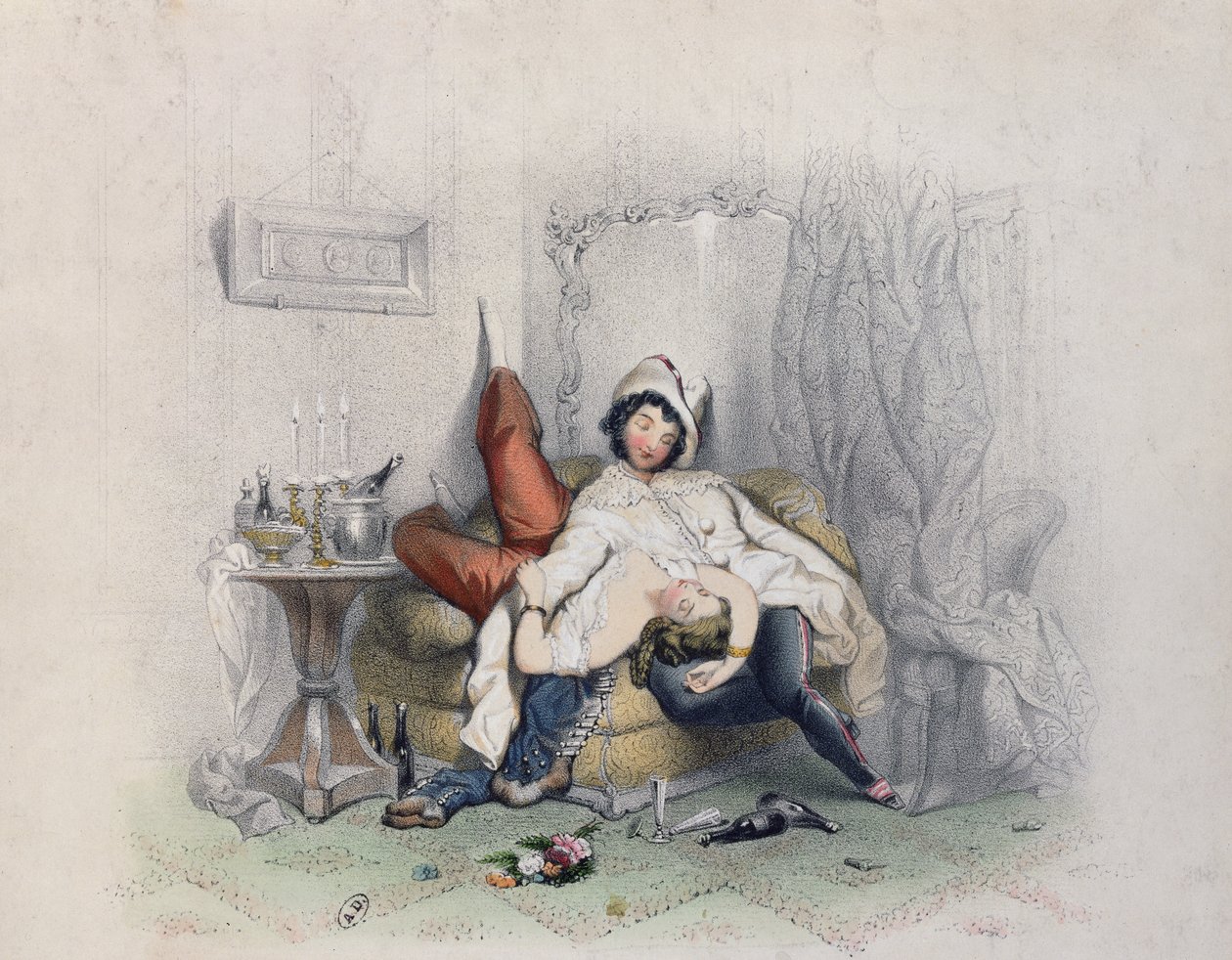 Champagne & Love, altıncı şişe şampanyadan sonra uyuyakalmış aşık bir çift, Bettannier Freres tarafından oyulmuş, Paris, 1852 by French School