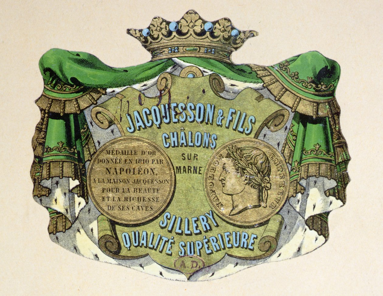 Jacquesson & Fils için şampanya etiketi, Champagne Sillery Marque, 19. yüzyıl ortası (renkli litho) by French School