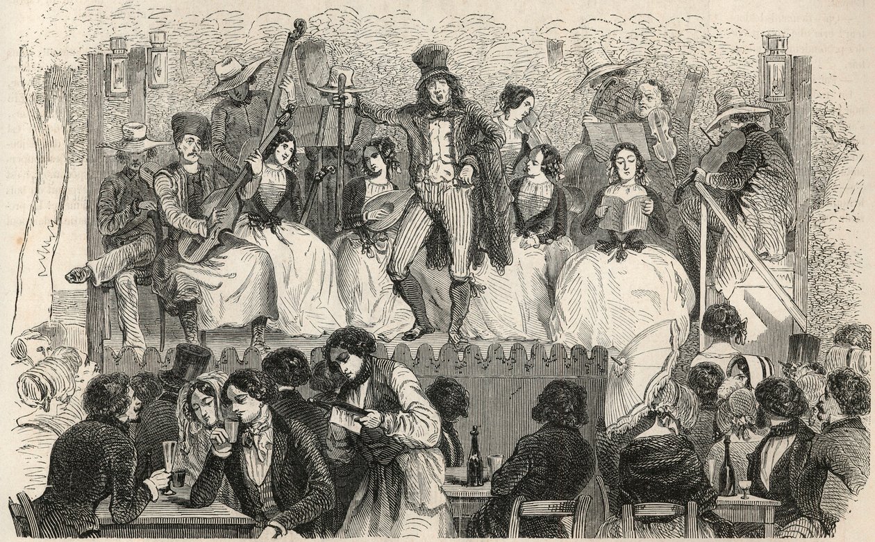 Champs-Elysees (Champs Elysees) - Morel kafenin önündeki şarkıcılar - Edmond Texier tarafından “Tableau-de-Paris”te gravür 1852 by French School