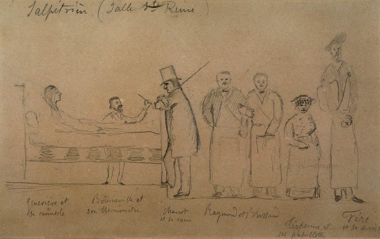 Charcot, öğrencilerinden biri tarafından tasarlandı. Soldan sağa: Kaşkorseli hasta Genevieve, termometreli Doctor Desire Magloire Bourneville, Jean Martin Charcot, Raymond ve Brissaud, Me Tirperme ve Charles Fere. Holy Queen Odası, Salpetriere Hospi by French School