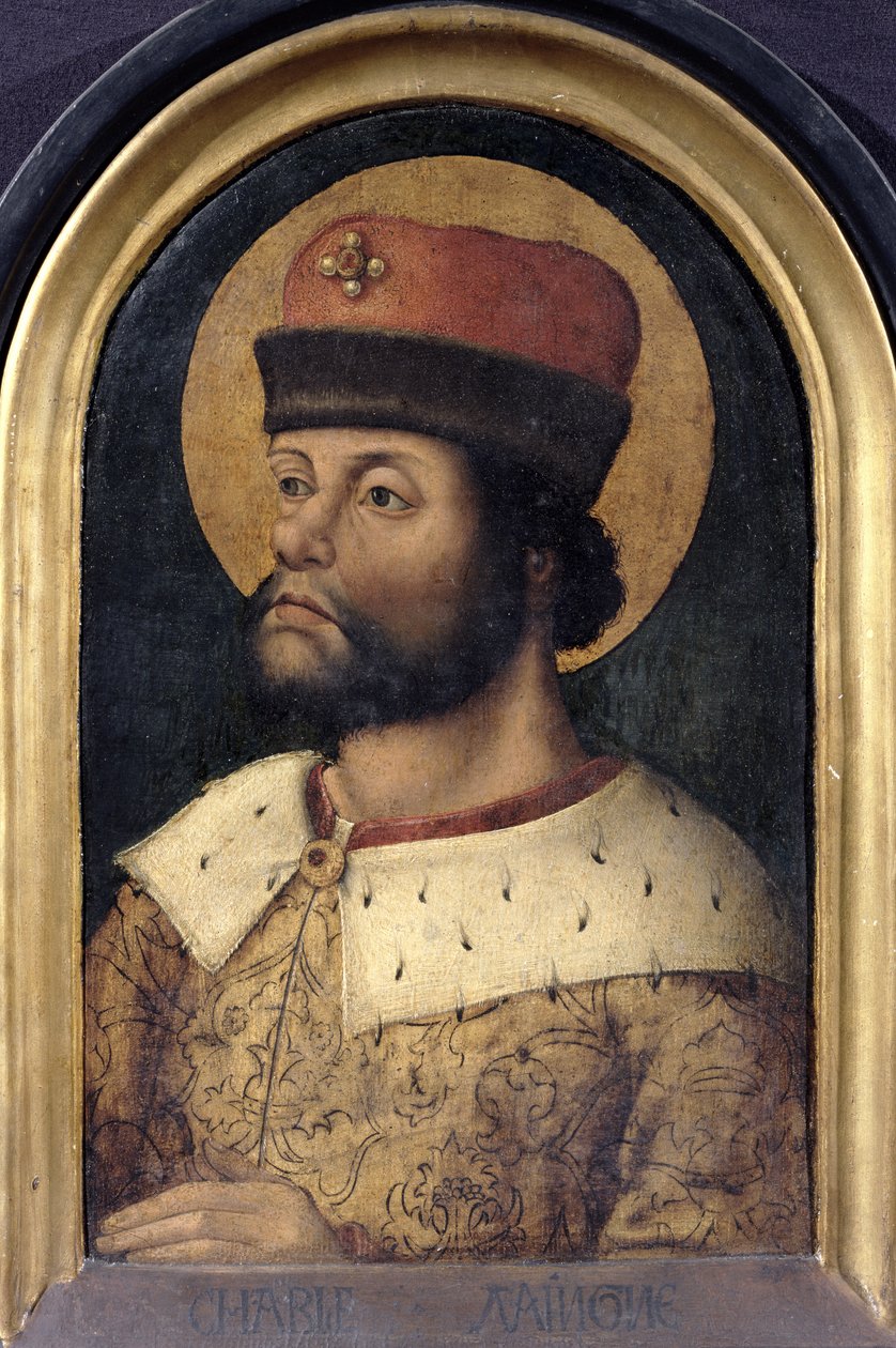 Charlemagne, Büyük Charles (742-814) Frankların Kralı, c.1520 (panelde yağlı boya) by French School