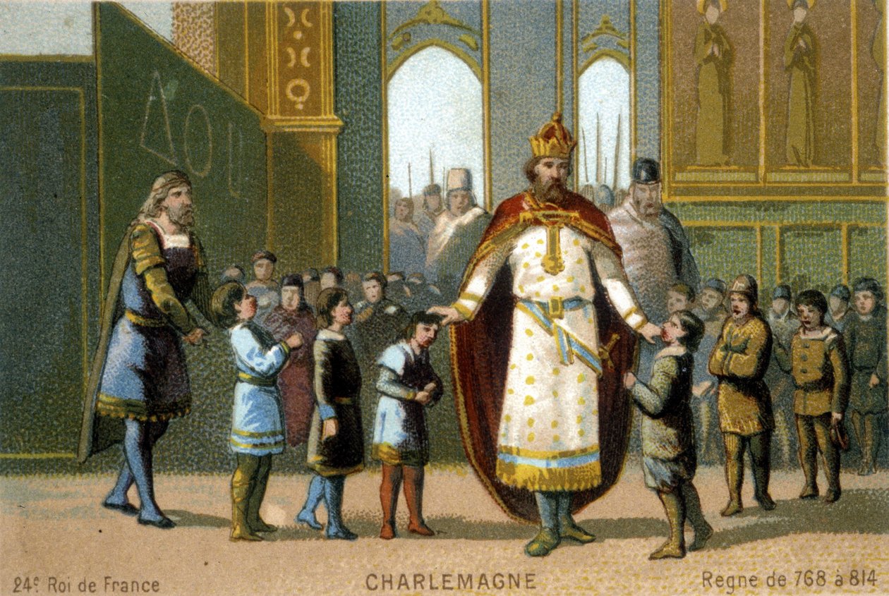 Charlemagne bir okulu ziyaret eder - 19. yüzyılın kromolitografisi. by French School