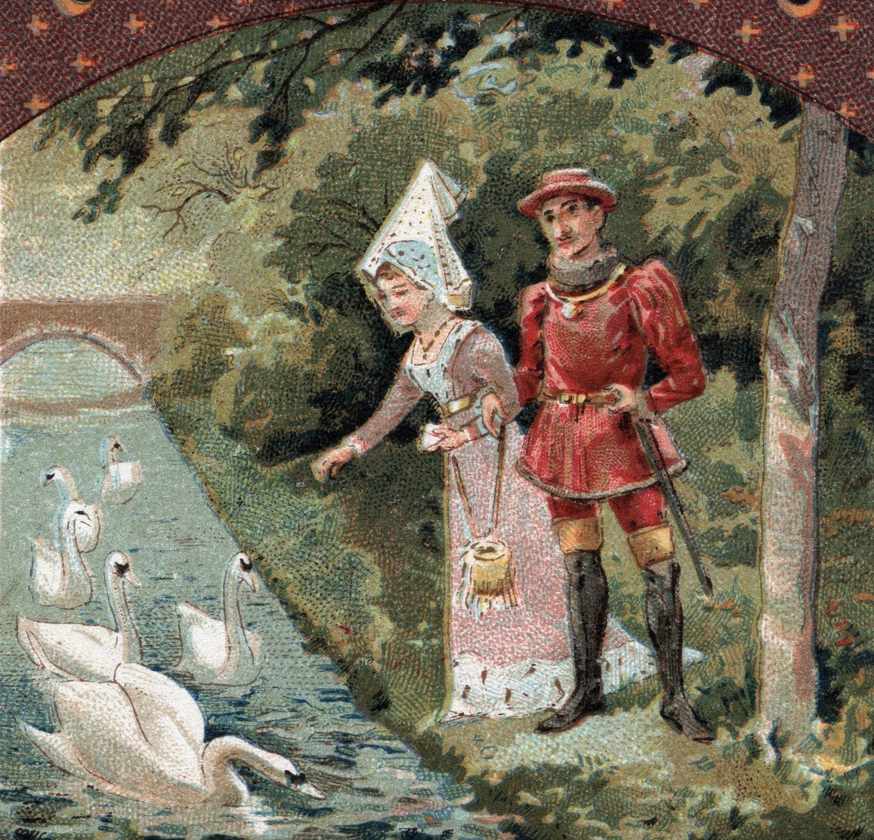 Charles VII (1403-1461) en sevdiği Agnes Sorel (Beaute sur Marne Leydisi (Beaute-sur-Marne) olarak bilinir) (1422-1450) ile Savigny sur Orge (Savigny-sur) şatosunun parkında kuğu besler. -Orge). 19. yüzyılın sonlarında kromolitografi by French School