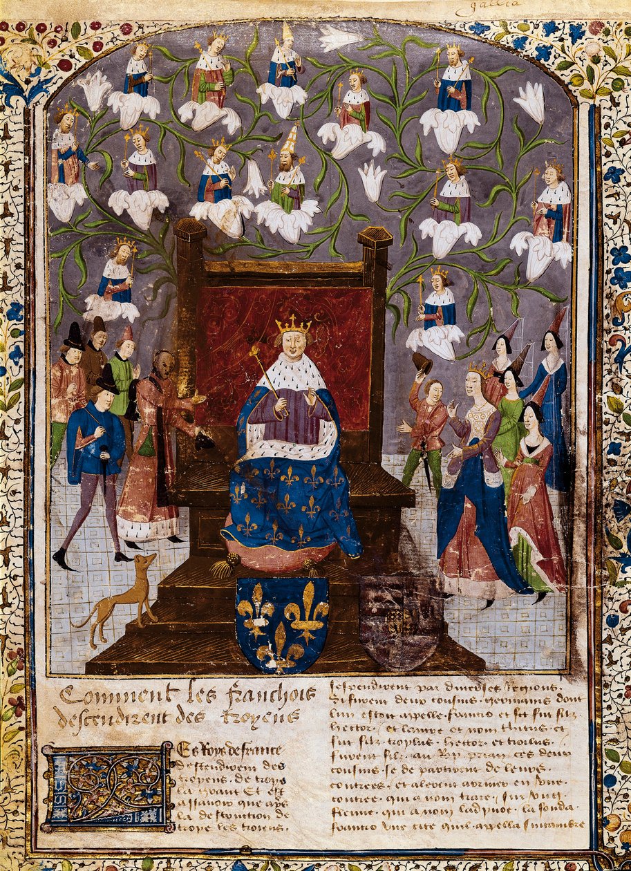 Charles VII, 'Grandes Chroniques de France'dan (parşömen) Valois Evi'nin soy ağacıyla by French School
