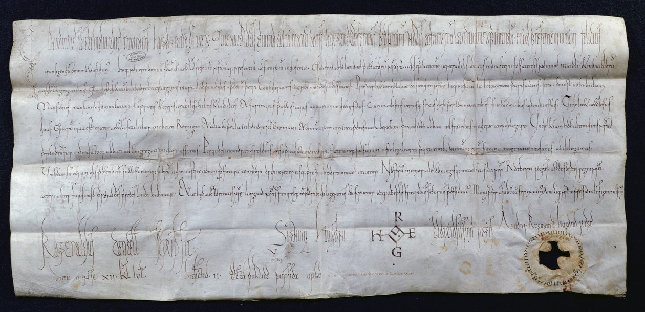 Hugues I Capet (941-996), Fransa Kralı, 988 tarafından imzalanan Tüzük (kağıt üzerine kalem ve mürekkep) by French School