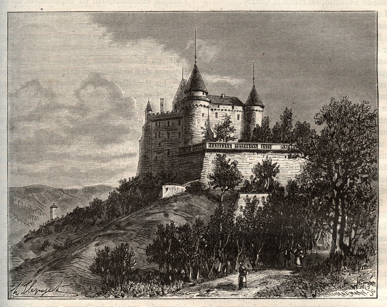 Chateau de Mercues - Cahors - V.A. tarafından “La France illustree: coğrafya, tarih, istatistiksel yönetim” de gravür Malt-Kahverengi. 1884 by French School
